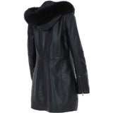 Women's Detachable Fur Hood 3/4 Leather Jacket Black: A-1947