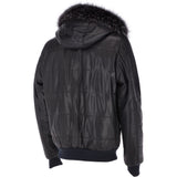 Men's Leather Hooded Bomber Jacket Dark Blue: 1160