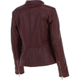 Ladies Veg Tanned Leather Mandarin Collar Biker Jacket Burgandy: AWL-265