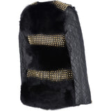 Mongolian Style Gold Studded Leather And Long Haired Fur Trim Coat Black: 9034-T4