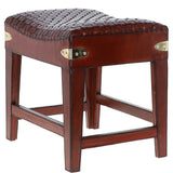 Leather Covered Wood Frame Vintage Woven Leather Stool Chestnut: LF-143