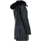 Women's Detachable Fur Hood 3/4 Leather Jacket Black: A-1947
