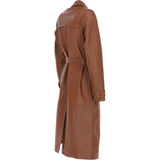 Elegant Longline Women's Leather Trench Coat with Waist Tie Tan: awl-trench