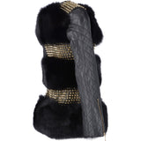 Mongolian Style Gold Studded Leather And Long Haired Fur Trim Coat Black: 9034-T4