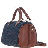 Ashwood Leather & Harris Tweed® Cloth Medium Barrel Bag Tan/Navy: TW-62-11-TN