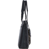 Black Leather Shoulder Bag with Leopard Print Pocket: ELA 1128