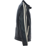 Men's Real Leather Biker Jacket with Cream Contrast stripes Black: AWM-552