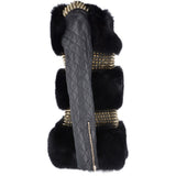 Mongolian Style Gold Studded Leather And Long Haired Fur Trim Coat Black: 9034-T4