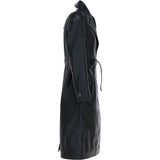 Elegant Longline Women's Leather Trench Coat with Waist Tie Black: awl-trench