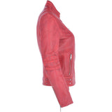 Ladies Leather Biker Jacket Raspberry: N-12