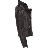 Ladies Vegetable Tanned Leather Studded Biker Jacket Black: DC 648
