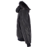 Men's Leather Hooded Bomber Jacket Dark Blue: 1160