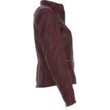 Ladies Veg Tanned Leather Mandarin Collar Biker Jacket Burgandy: AWL-265