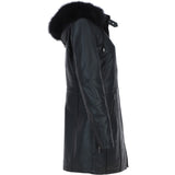 Women's Detachable Fur Hood 3/4 Leather Jacket Black: A-1947