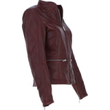 Ladies Veg Tanned Leather Mandarin Collar Biker Jacket Burgandy: AWL-265