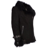 Womens Luxury Side Zip Toscana Suede Sheepskin Pilot Jacket Black: KB-806