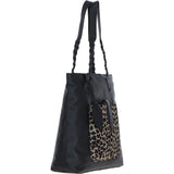Black Leather Shoulder Bag with Leopard Print Pocket: ELA 1128