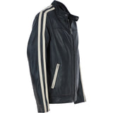 Men's Real Leather Biker Jacket with Cream Contrast stripes Black: AWM-552