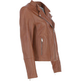 Real Leather Ladies Biker Jacket with Mandarin Collar Tan: AWL-N32