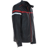 Ashwood Men's Leather Biker Jacket with Red Stripe Black: AWM-BOXER