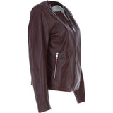 Collarless Ladies Casual Leather Jacket Burgundy: AWL-1282
