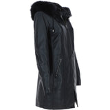 Women's Detachable Fur Hood 3/4 Leather Jacket Black: A-1947