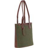 Ashwood Leather & Tweed Genuine Leather Shoulder Bag Tan/Green Check: TW-23-010-TGNH