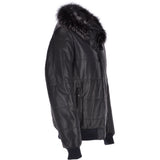Men's Leather Hooded Bomber Jacket Dark Blue: 1160