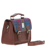 Ashwood Leather & Harris Tweed® Cloth Satchel Bag Tan/Purple: TW-68-13-TP