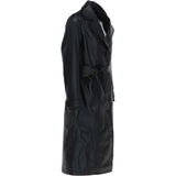 Elegant Longline Women's Leather Trench Coat with Waist Tie Black: awl-trench