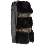 Mongolian Style Gold Studded Leather And Long Haired Fur Trim Coat Black: 9034-T4