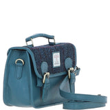 Ashwood Leather & Harris Tweed® Cloth Small Satchel Bag Teal/Navy: TW-67-16-TN
