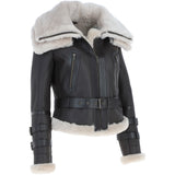 Womens Aviator Shearling Leather Jacket Brown/Cream: KB-451 DC