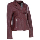 Real Leather Ladies Biker Jacket with Mandarin Collar Burgundy: AWL-N32
