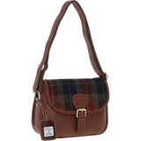 Elegant Ashwood Leather & Harris Tweed® Cloth Crossbody Bag Tan/Green/Red: TW-27-08-TR