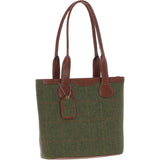 Ashwood Leather & Tweed Genuine Leather Shoulder Bag Tan/Green Check: TW-23-010-TGNH