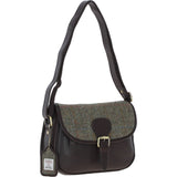 Elegant Ashwood Leather & Harris Tweed® Cloth Crossbody Bag Brown/Green: TW-27-09-BG