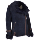 Womens Luxury Side Zip Toscana Suede Sheepskin Pilot Jacket Ombre Blue: KB-806