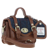 Ashwood Leather & Harris Tweed® Cloth Micro Satchel Bag with Twist Lock Tan/Navy:TW-36-11-TN