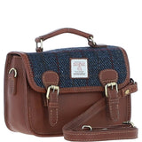 Ashwood Leather & Harris Tweed® Cloth Small Satchel Bag Tan/Navy: TW-67-11-TN