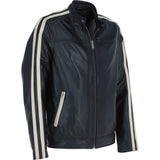 Men's Real Leather Biker Jacket with Cream Contrast stripes Black: AWM-552
