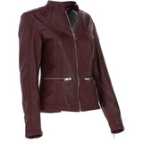Ladies Veg Tanned Leather Mandarin Collar Biker Jacket Burgandy: AWL-265