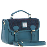 Ashwood Leather & Harris Tweed® Cloth Satchel Bag Teal/Navy: TW-68-16-TN