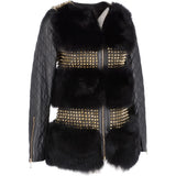 Mongolian Style Gold Studded Leather And Long Haired Fur Trim Coat Black: 9034-T4