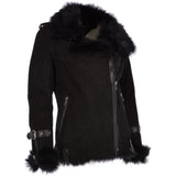 Womens Luxury Side Zip Toscana Suede Sheepskin Pilot Jacket Black: KB-806
