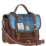Ashwood Leather & Harris Tweed® Cloth Mini Satchel Bag with Twist Lock Tan/Blue: TW-32-05-TB