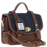 Ashwood Leather & Harris Tweed® Cloth Mini Satchel Bag with Twist Lock Tan/Navy: TW-32-11-TN