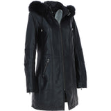 Women's Detachable Fur Hood 3/4 Leather Jacket Black: A-1947