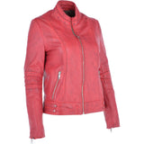 Ladies Leather Biker Jacket Raspberry: N-12
