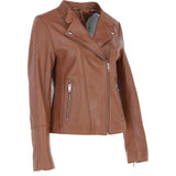Real Leather Ladies Biker Jacket with Mandarin Collar Tan: AWL-N32